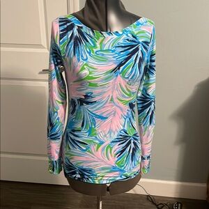 Lilly Pulitzer Pink, White and Blue  Boatneck Graphic Long Sleeve Blouse